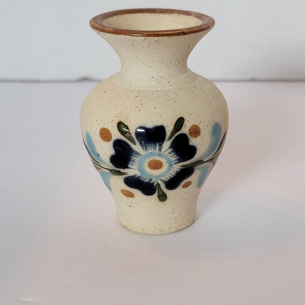 Mexican Pottery Tonala Vase Small 3.25" Blue Brown Signed